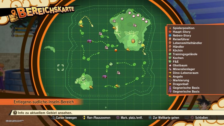 Alle Obstbäume, Mineralienlager, Dino-Lebensräume und Angelstellen im Entlegene-südliche-Inseln-Bereich
