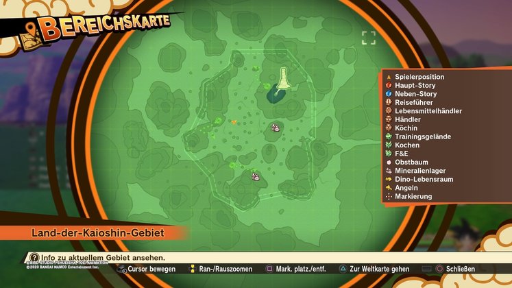 Alle Obstbäume, Mineralienlager, Dino-Lebensräume und Angelstellen im Land-der-Kaioshin-Gebiet