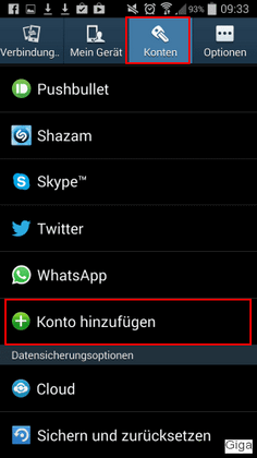 Öffnet die Einstellungen des Android-Geräts und wählt "Konto hinzufügen".