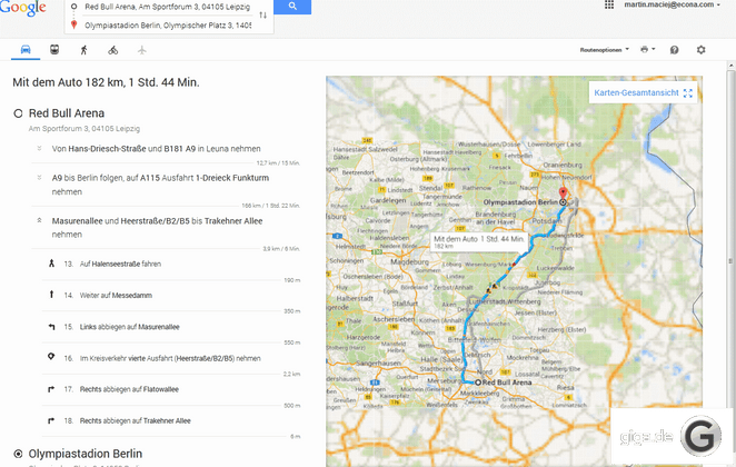 Zusätzlich kann die Route Schritt für Schritt ausgegeben werden