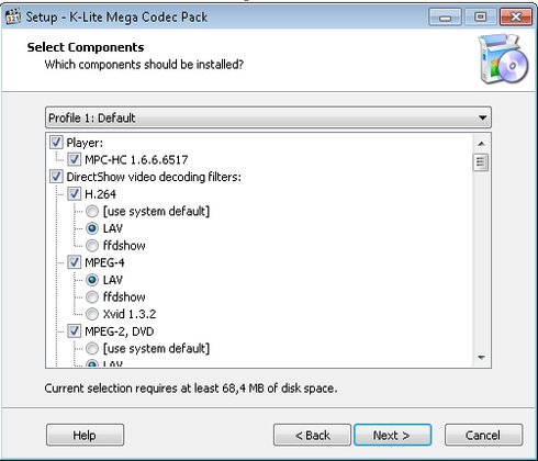 K-Lite Mega Codec Pack Komponenten auswaehlen