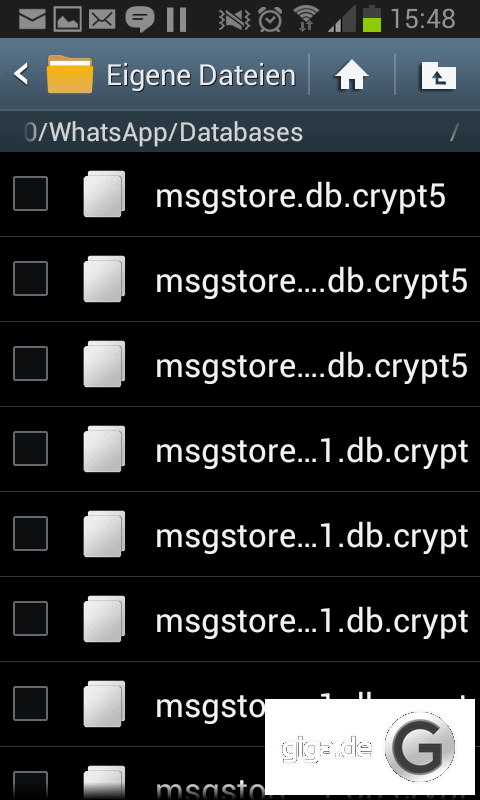 Gesicherte Nachrichten werden in bis zu 8 Backup-Dateien unter WhatsApp/Databases abgelegt