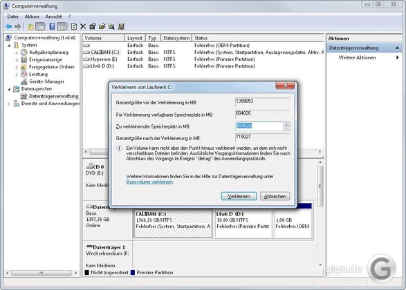 Unter Windows 7 eine Festplatte partitionieren mit der Systemsteuerung