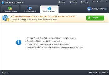 Wise Registry Cleaner Free Registry Defrag-Funktion