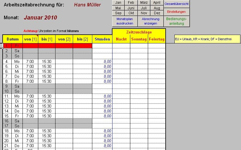 EXCEL-Arbeitszeitmodul Download kostenlos