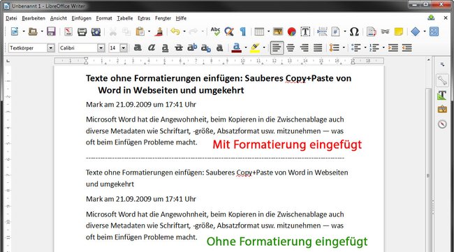 Der untere Text wurde ohne Formatierung eingefügt per Tastenkombination. Bildquelle: GIGA