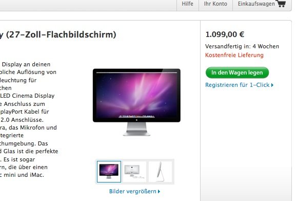 27 Zoll Cinema Display: In vier Wochen wird ausgeliefert