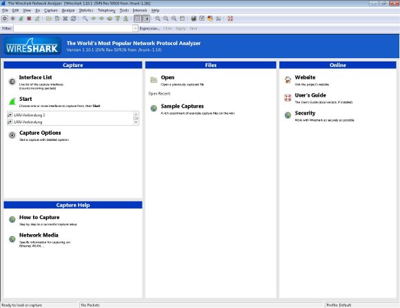 Ansicht des Programmfensters von Wireshark Wireshark Programmfenster