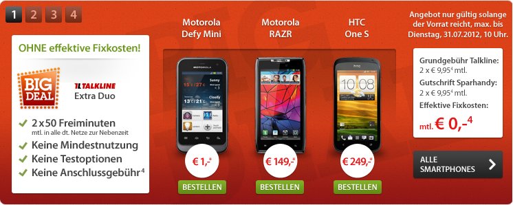 Deal: Motorola RAZR, Defy Mini oder HTC One S ohne effektive Fixkosten