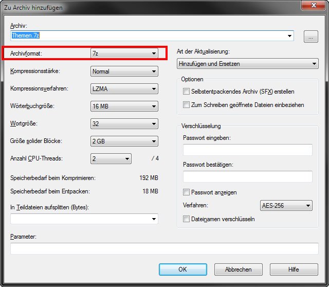 7-Zip: Hier könnt ihr auch TAR oder ZIP als Dateiformat auswählen.