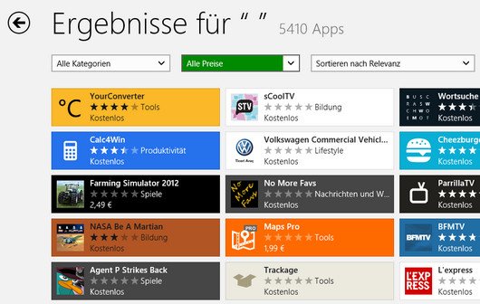 Windows 8 Store: Alle Apps (mehr als 5000) anzeigen lassen, richtig suchen