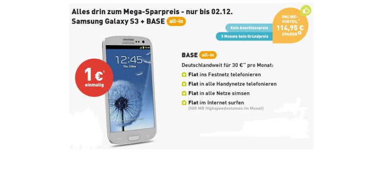 BASE all-in drei Monate ohne Grundpreis mit Samsung Galaxy S3