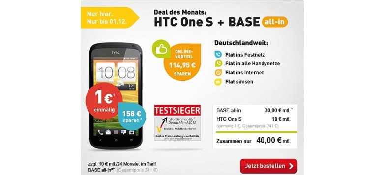 HTC One S und BASE all-in mit Online-Vorteil von 114,95 Euro