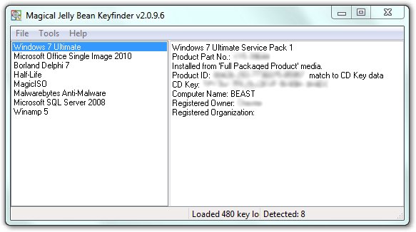 Das Tool „Magical Jelly Bean Keyfinder “ liest Keys aus der Windows-Registry aus.