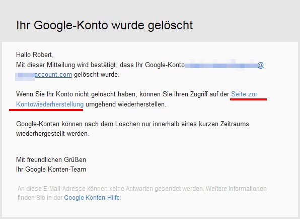 Google-Konto gelöscht: Über den Link in der E-Mail könnt ihr es wiederherstellen. Bild: GIGA