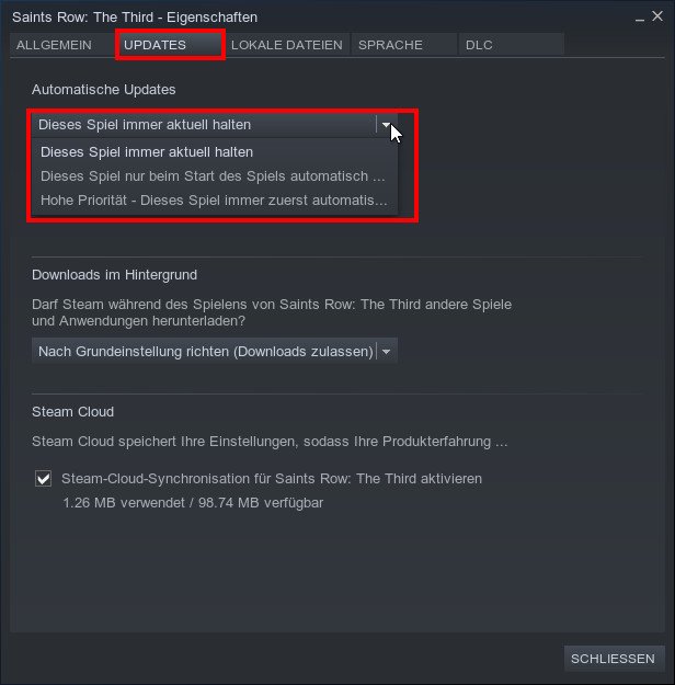 Hier ändert ihr die Aktualisierungseinstellungen eines Steam-Spiels. Bild: GIGA