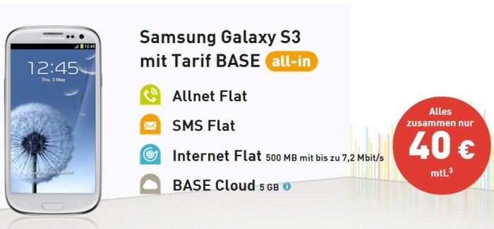 Samsung Galaxy S3 mit BASE all-in für 40 Euro monatlich