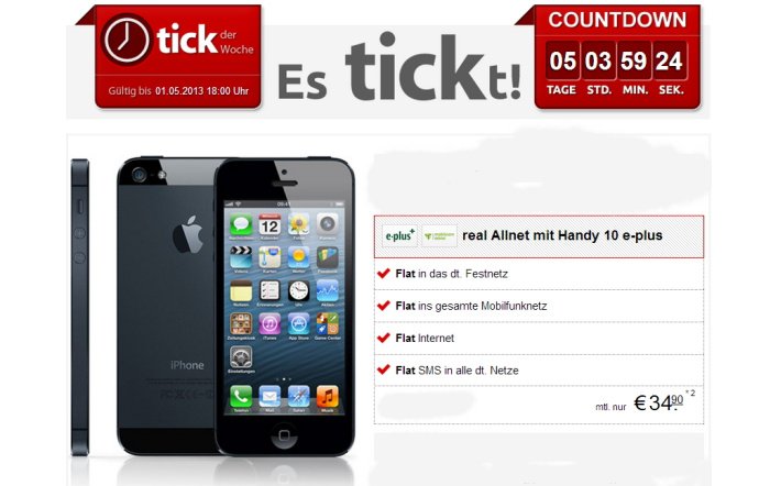 iPhone 5 mit Allnet-Flat für 34,90 Euro monatlich bei handytick