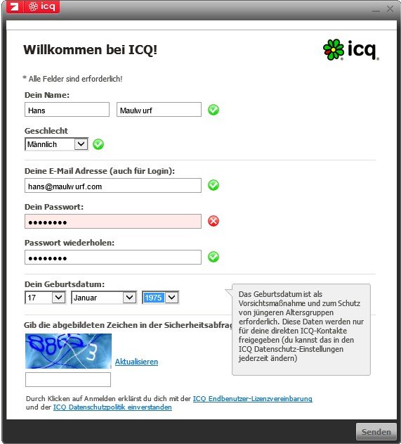 Mit der Eingabe der persönlichen Daten kann man sich erfolgreich bei ICQ registrieren