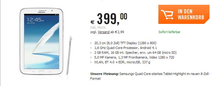 Samsung Galaxy Note 8.0 Wifi in Deutschland erhältlich