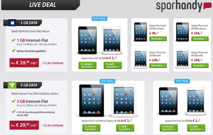 iPad mini oder iPad 4 mit Vertrag ab 1,00 Euro bei Sparhandy