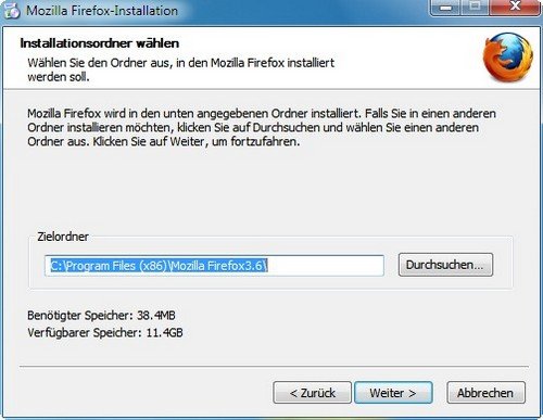 Firefox installieren Installationsordner wählen