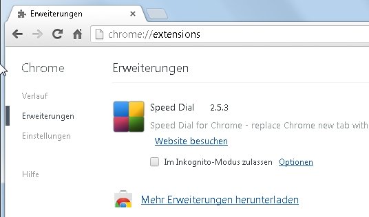 Google Chrome config Befehl extensions Screenshot