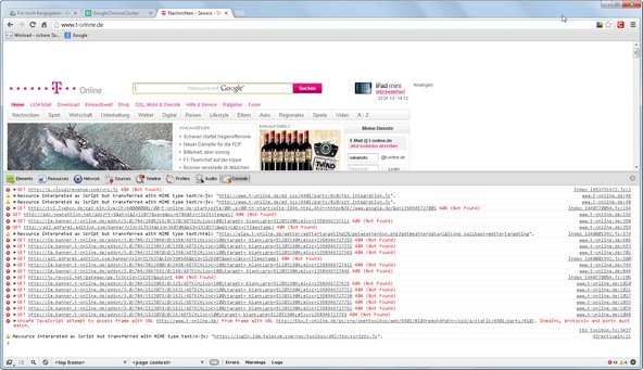 Google Chrome Console Fehlerausgabe Screenshot