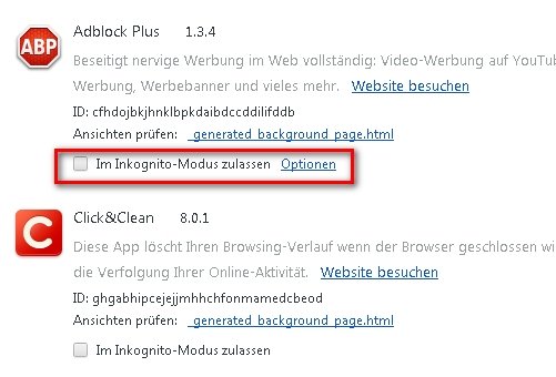 Google Chrome Erweiterungen Inkognito Screenshot