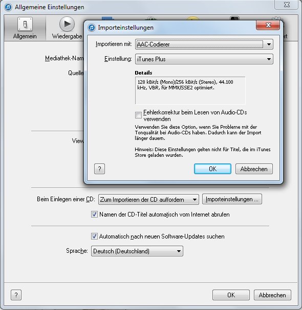 iTunes CD Importeinstellung Screenshot