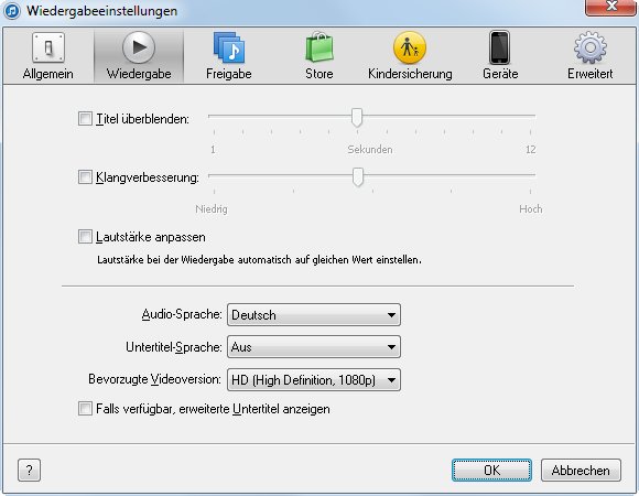 iTunes Einstellung Wiedergabe Klangverbesserung Screenshot
