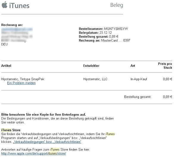 iTunes Rechnung Mail Screenshot