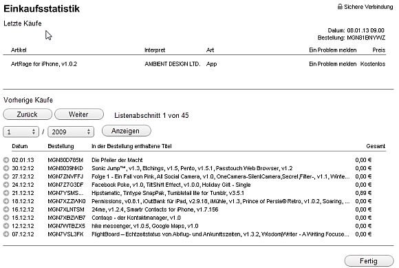 iTunes Store Einkaufsstatistik Screenshot