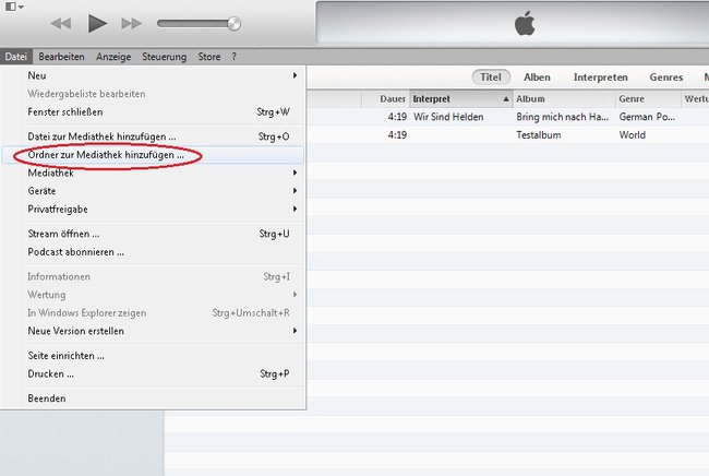 In iTunes einen Ordner zur Mediathek hinzufügen