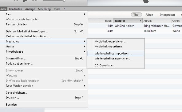 iTunes Wiedergabeliste importieren Screenshot