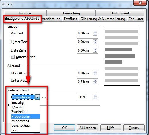 OpenOffice Zeilenabstand Einzug