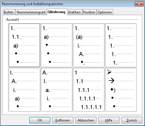 OpenOffice Nummerierung Gliederung  Screenshot