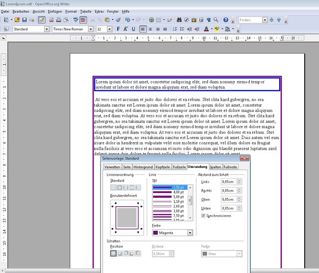 OpenOffice Umrandung einstellen