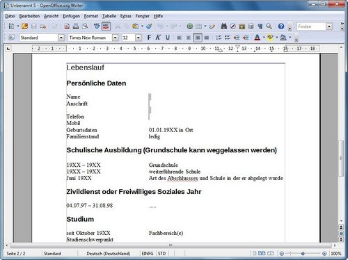 OpenOffice Lebenslauf Vorlagen