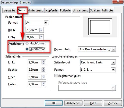 OpenOffice Querformat