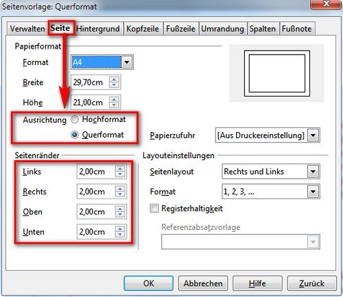 OpenOffice Querformat Seitenvorlage