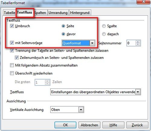 OpenOffice Querformat Tabelle