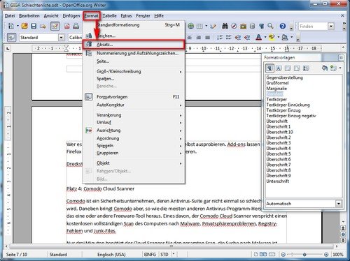 OpenOffice Seitennummerierung Absatz