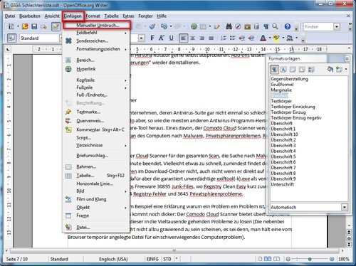 OpenOffice Seitennummerierung manueller Umbruch