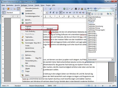 OpenOffice Seitenzahlen einfügen