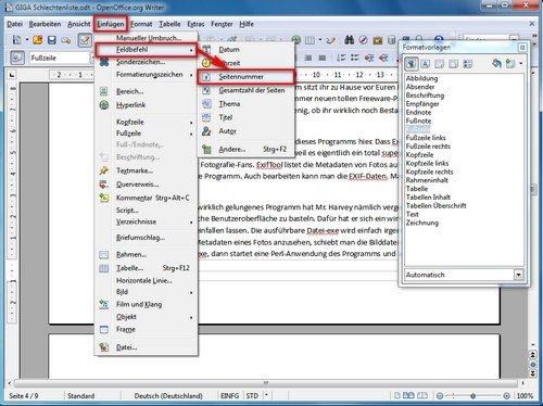 OpenOffice Seitenzahlen Fußzeile