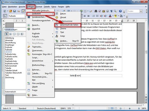 OpenOffice Seitenzahlen Gesamtzahl