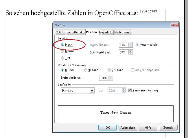 OpenOffice Zahlen hochstellen Position