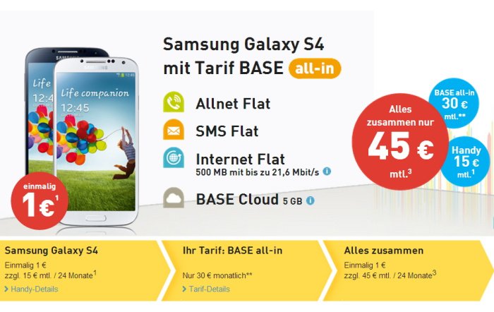 BASE all-in Allnet Flat mit Samsung Galaxy S4 für 45 Euro monatlich