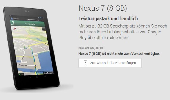 Google Play Store: Nexus 7 8GB eingestellt